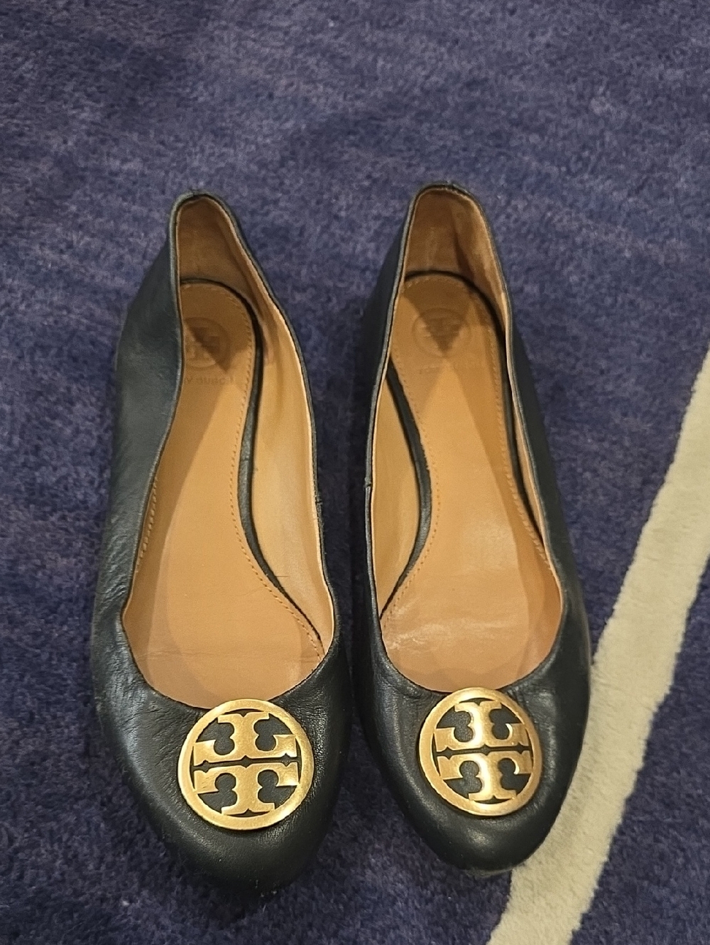 Tory Burch Black Leather Flats with Gold Logo Medallions